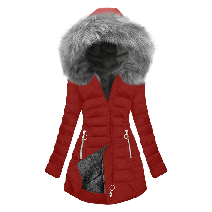 Red quilted puffer jacket with faux fur hood, front view