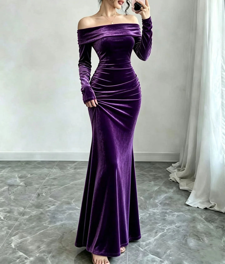 Purple velvet off-shoulder mermaid maxi dress front view