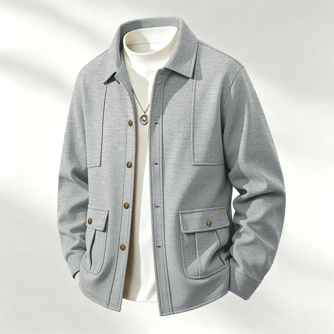 Grey waffle knit shirt jacket with flap pockets