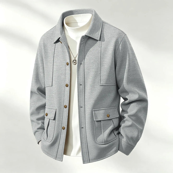 Grey waffle knit shirt jacket with flap pockets