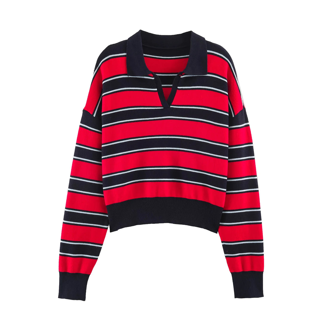 Red and navy striped polo sweater, front view