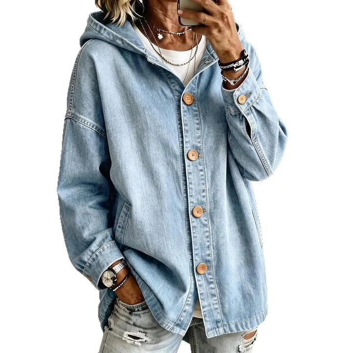 Light wash hooded denim jacket with button front closure