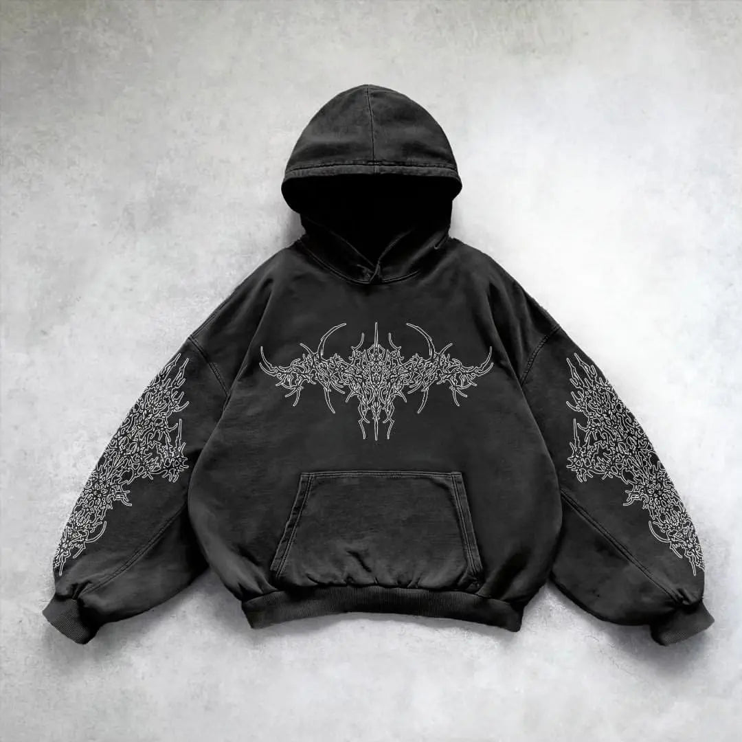 Front view of black oversized hoodie with gothic chest graphic