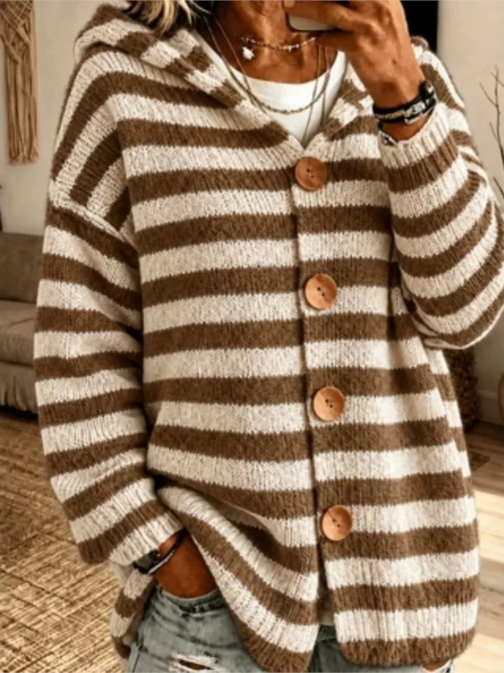 Khaki and white striped hooded cardigan with wooden buttons, front view