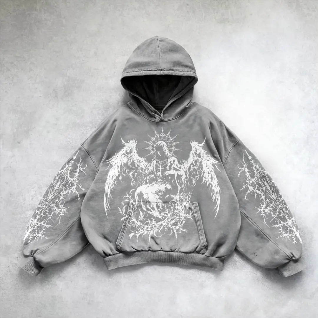 Gray hoodie with angel wing gothic front graphic