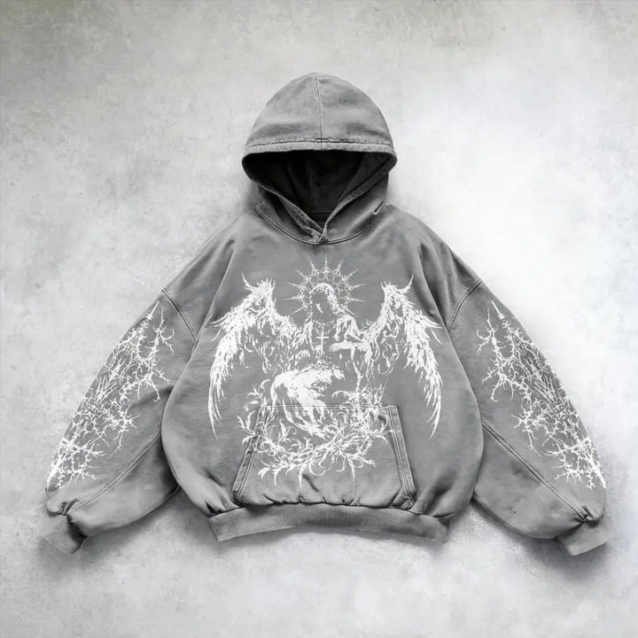 Gray hoodie with angel wing gothic front graphic