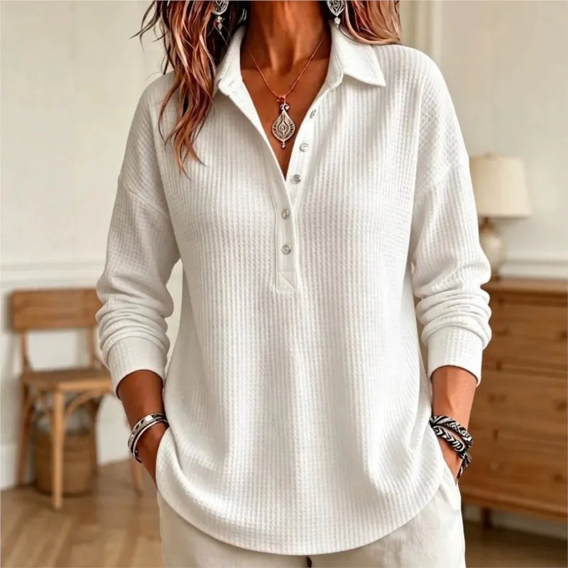 White waffle knit polo shirt with button placket, front view