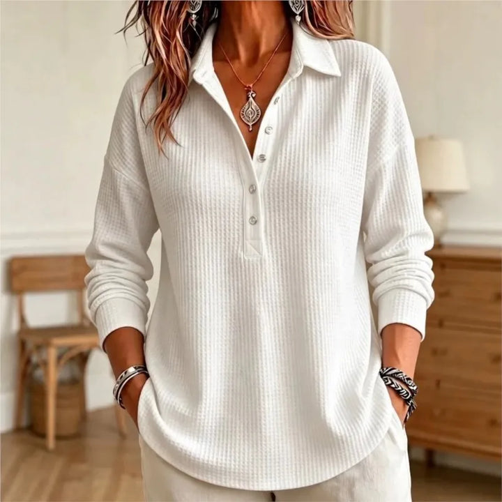 White waffle knit polo shirt with button placket, front view