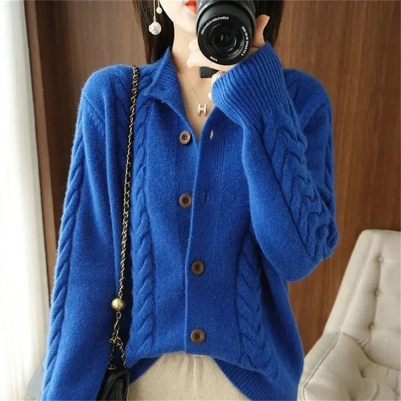 Blue cable knit cardigan with collar and button front