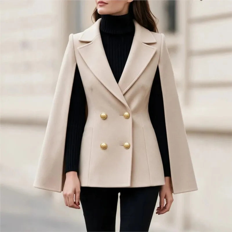 Beige cape sleeve double breasted blazer coat, front view