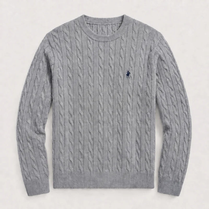 Gray cable knit crew neck sweater, front flat lay