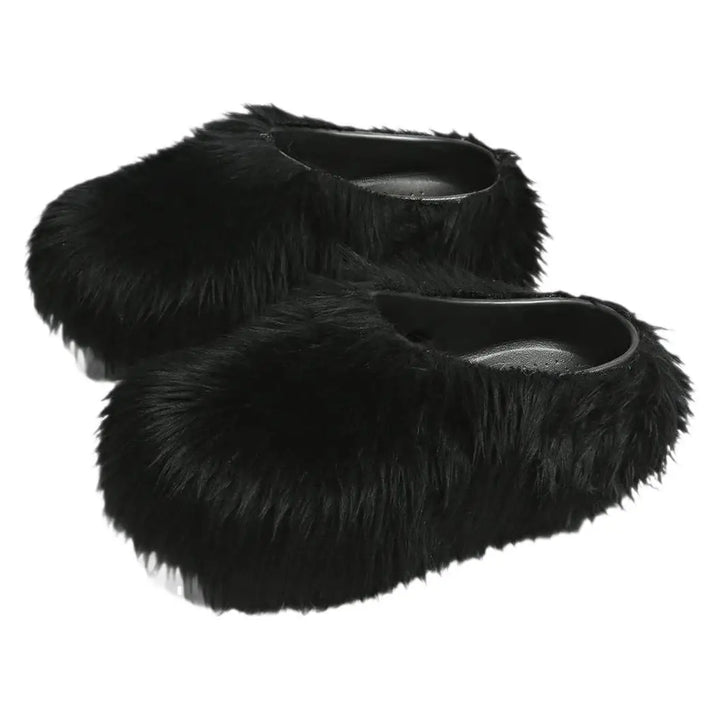Black faux fur slipper mules on white background
