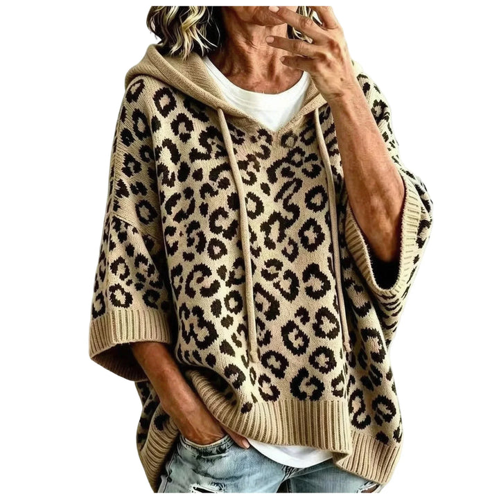 Khaki leopard print hooded pullover close up front view