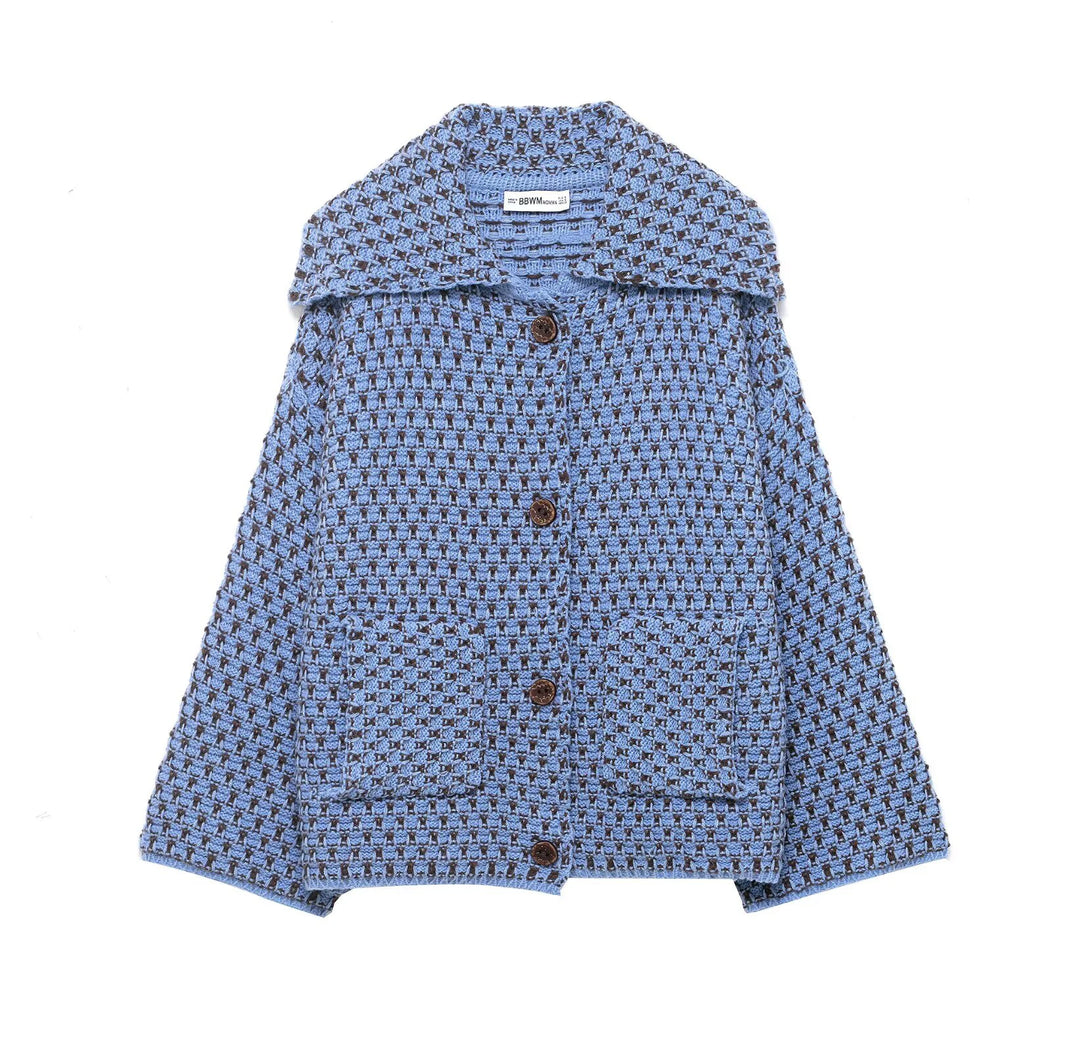 Blue textured knit jacket with foldover collar and buttons