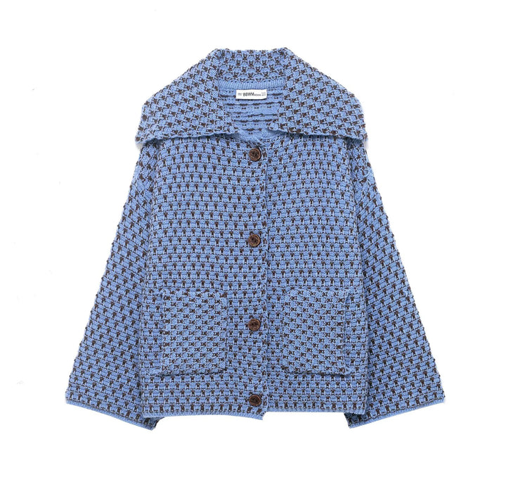 Blue textured knit jacket with foldover collar and buttons