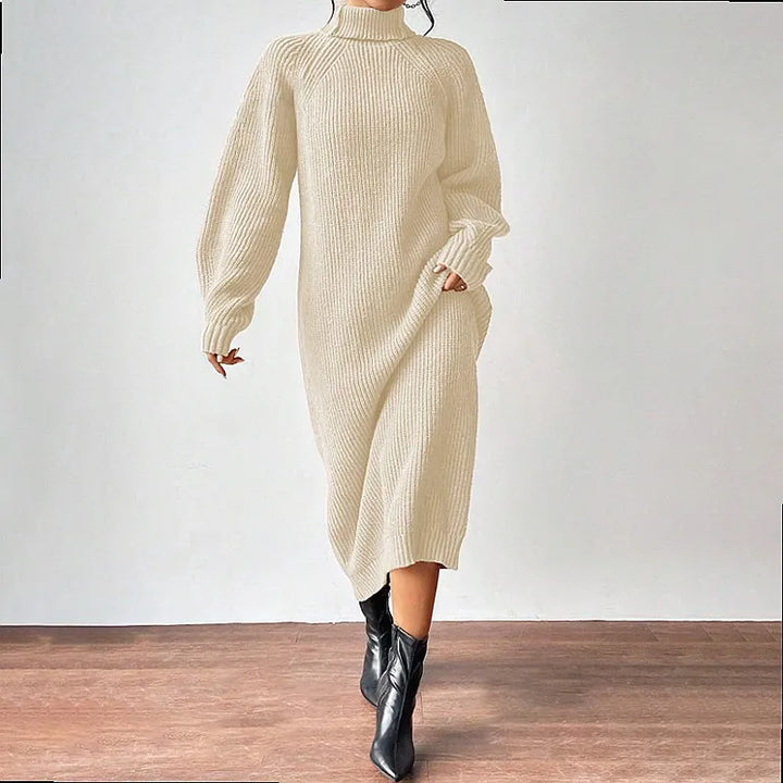 Apricot ribbed knit turtleneck sweater dress, front view