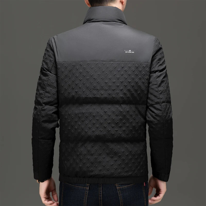 Back view of black quilted puffer jacket with stand-up collar