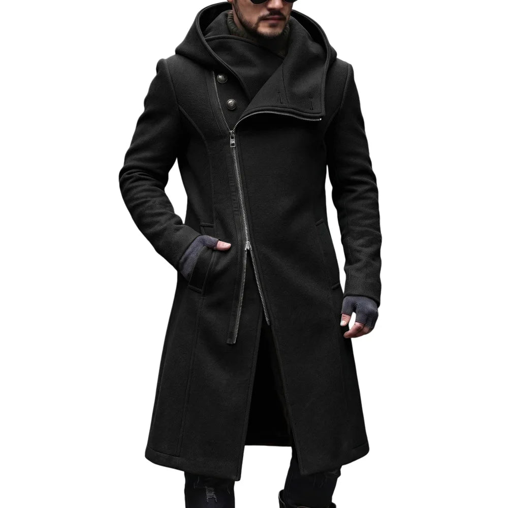 Man wearing black hooded trench coat with asymmetric zip front, open view
