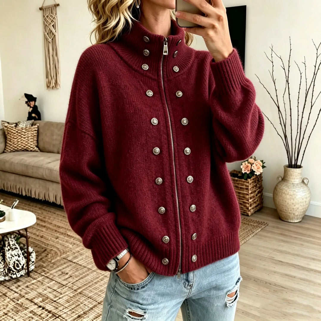 Woman wearing dark red stand collar zip cardigan with button details