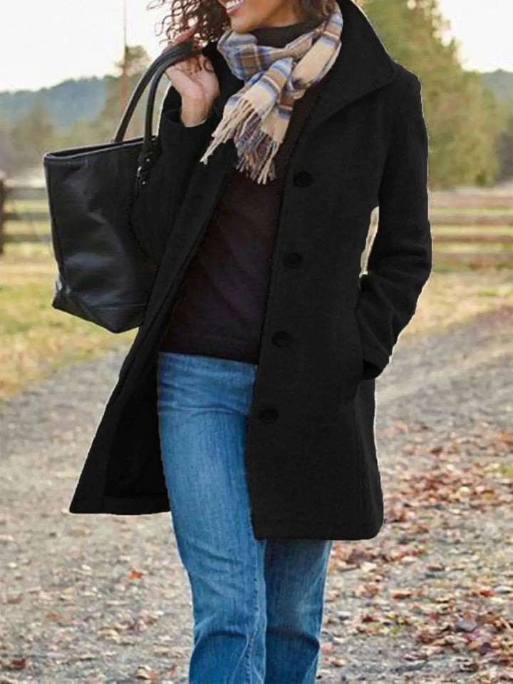 Close view of black wool coat with button front