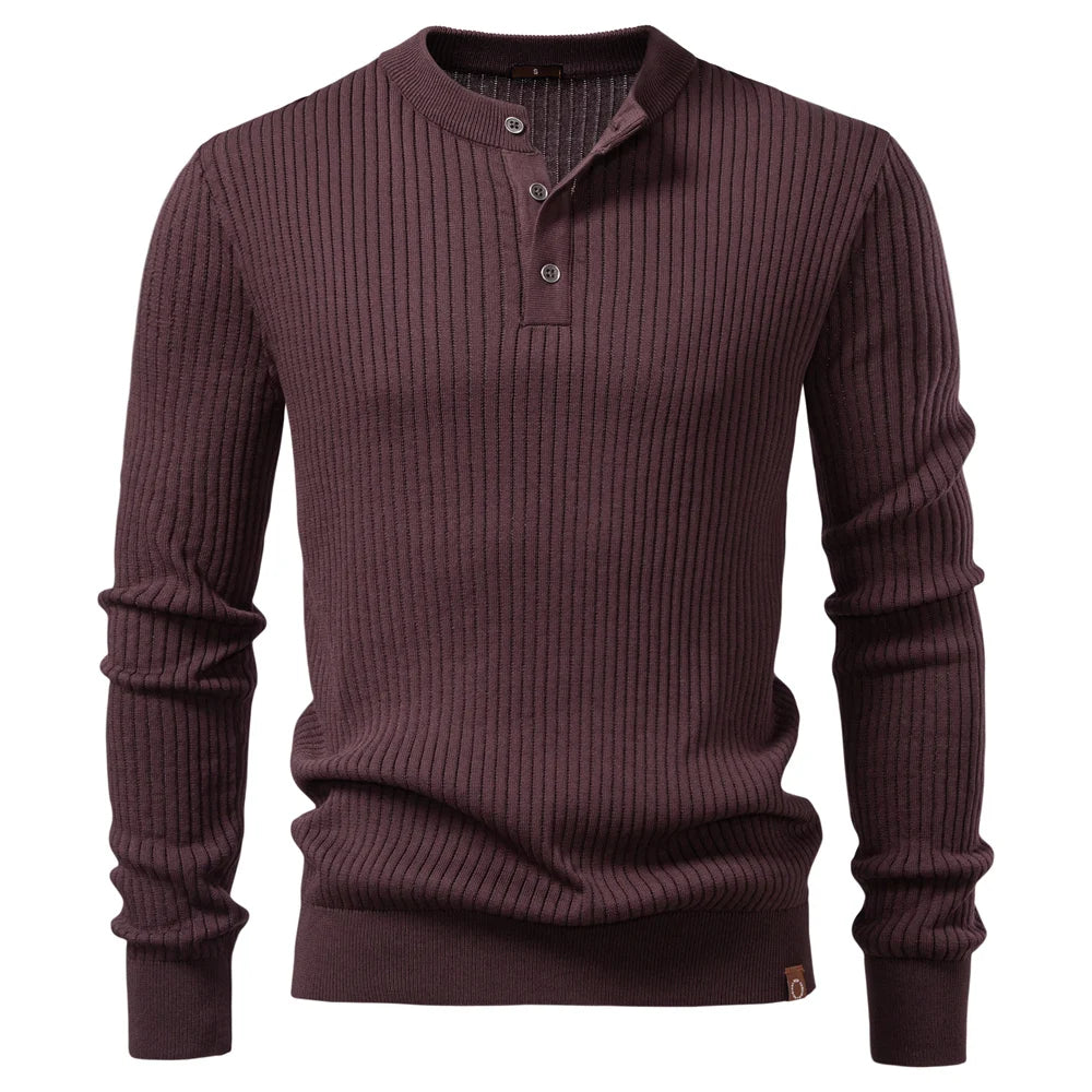 Coffee brown ribbed knit henley shirt front view