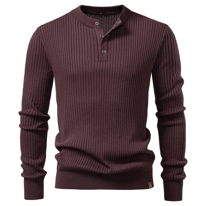Coffee brown ribbed knit henley shirt front view