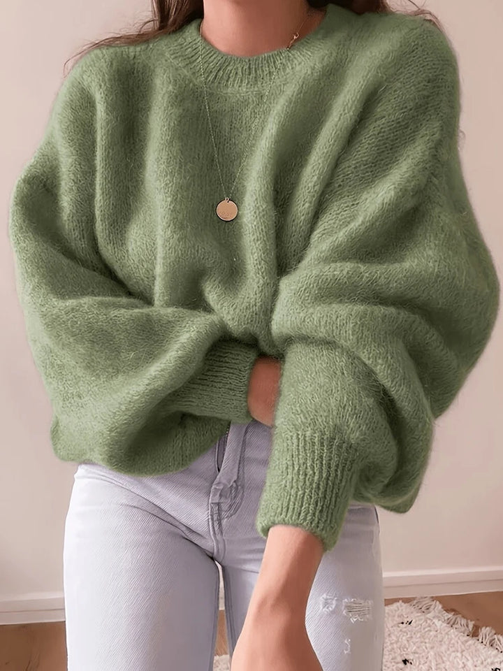 Green fuzzy oversized pullover sweater, front view