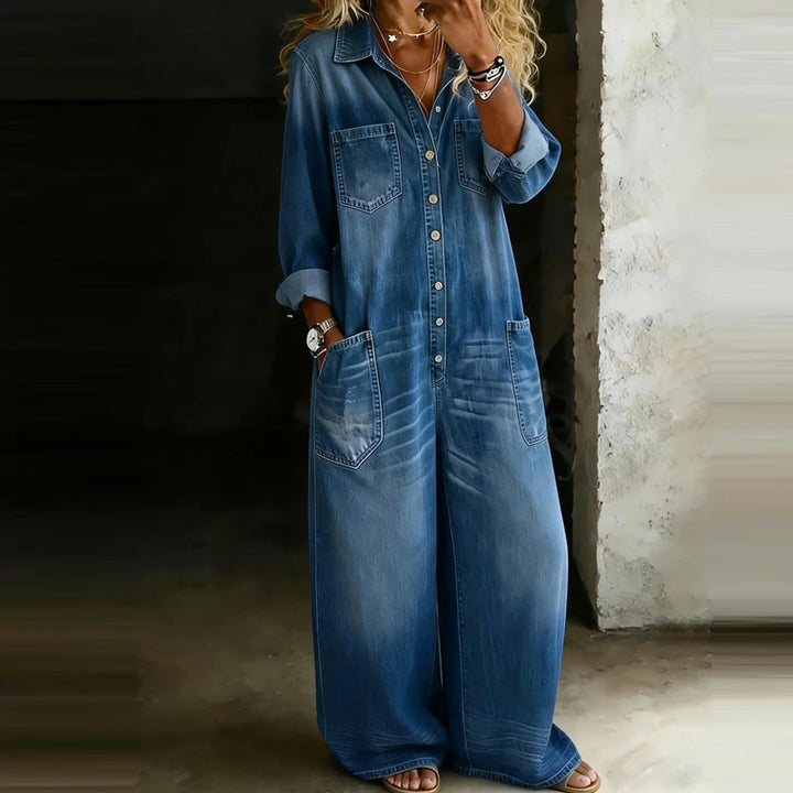 Medium blue denim jumpsuit with high waist and collar