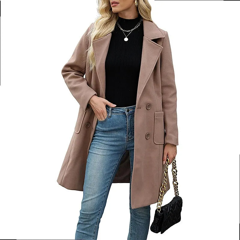 Woman wearing khaki double breasted wool coat