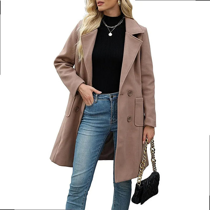Woman wearing khaki double breasted wool coat