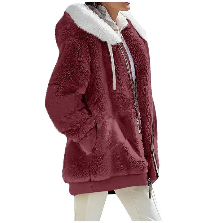 Red plush fleece hooded jacket with white contrast collar, side view