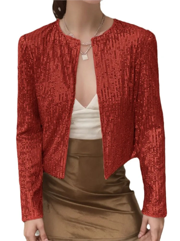 Red sequin cropped jacket, front view on white background