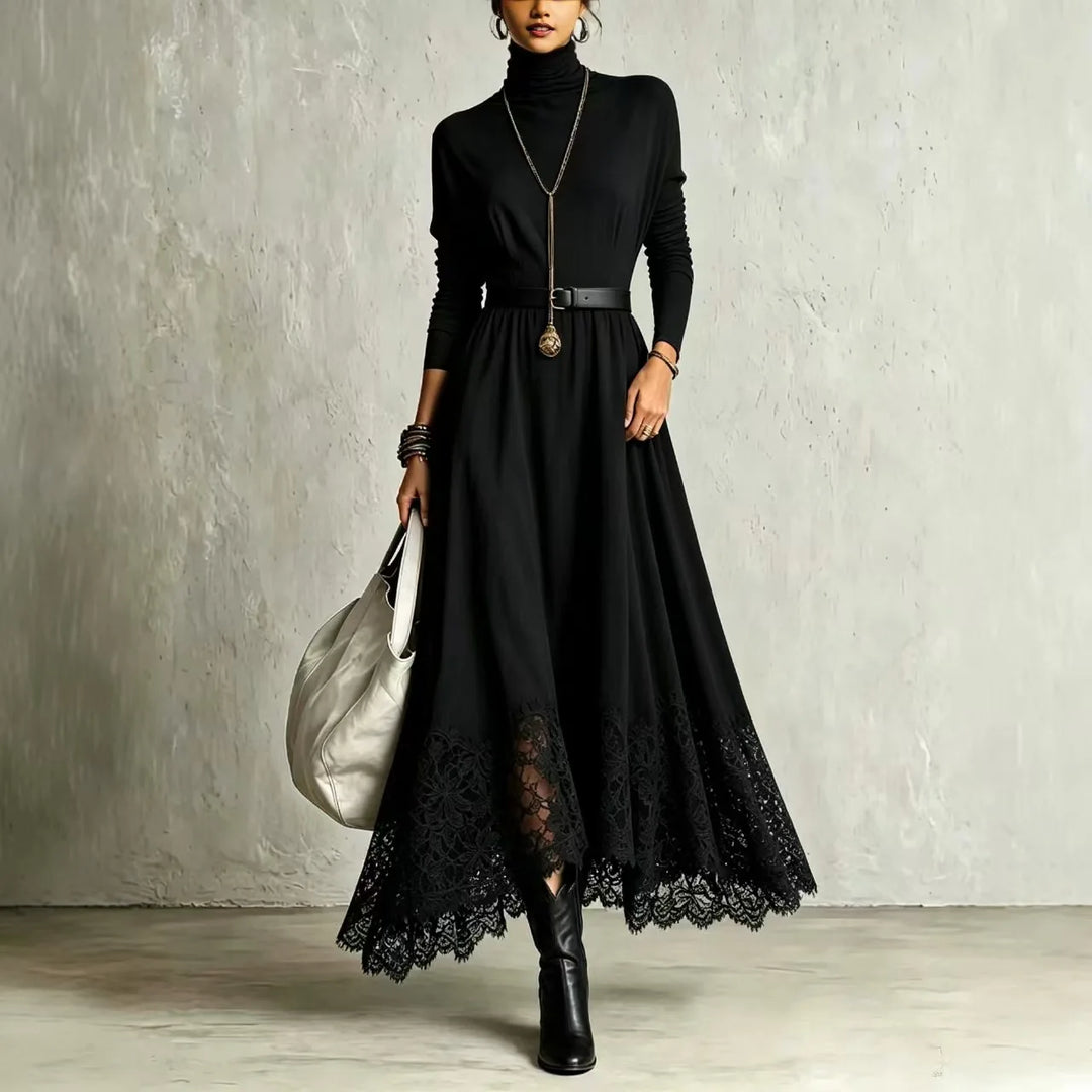 Woman wearing black turtleneck maxi dress with lace hem