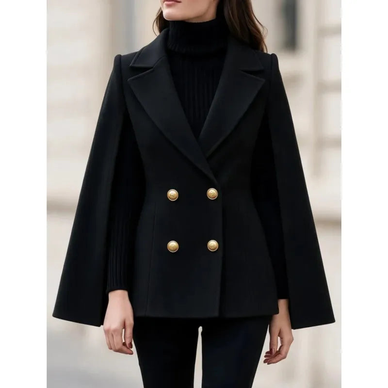 Black cape sleeve double breasted blazer coat, front view