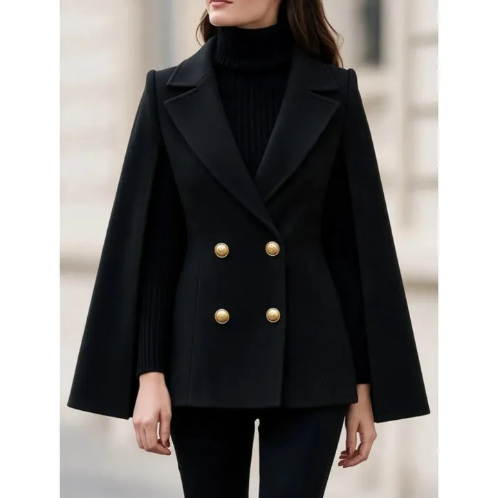 Black cape sleeve double breasted blazer coat, front view