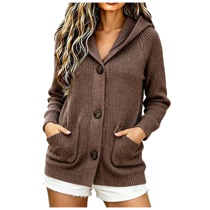 Close view of brown hooded cardigan with patch pockets