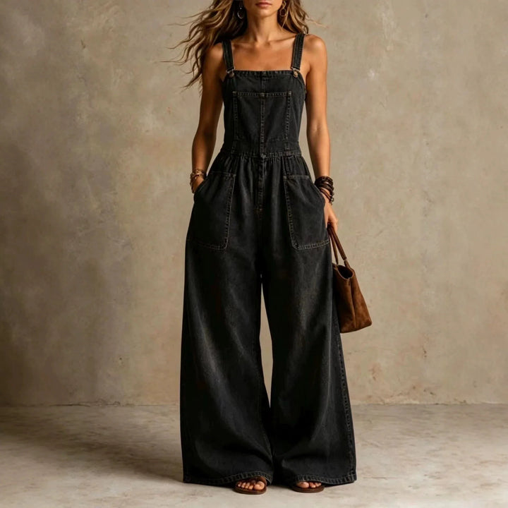 Eliana Wide Leg Denim Overall Jumpsuit