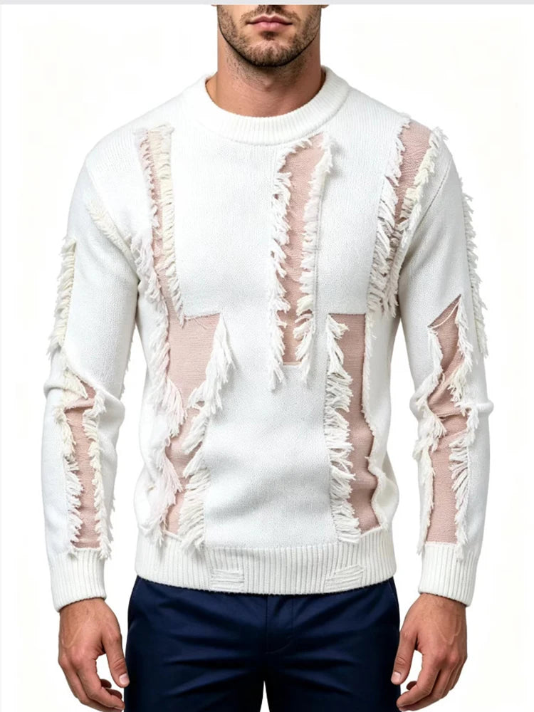 White frayed fringe pullover sweater with mesh insets, front view