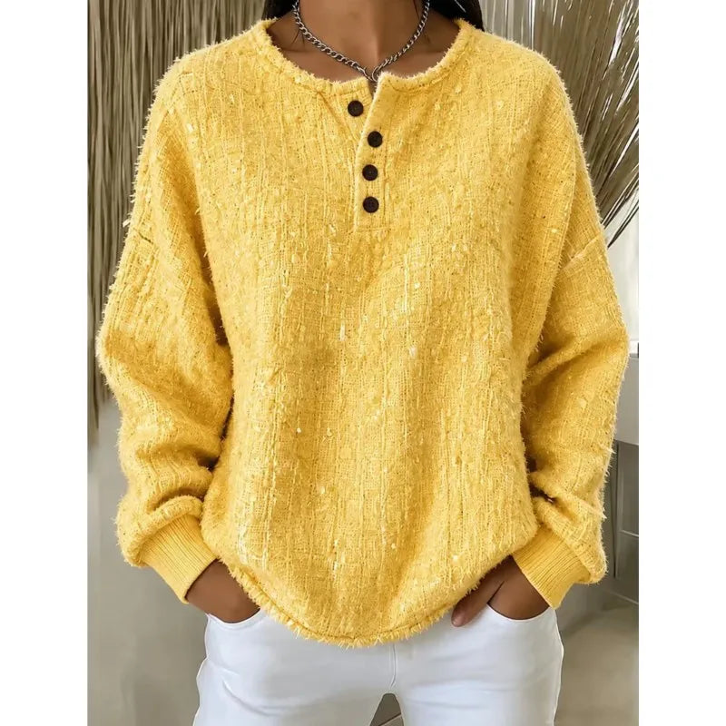 Yellow textured button henley sweater front view