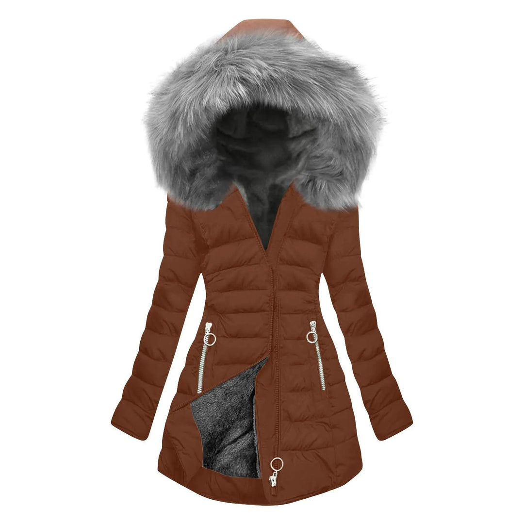 Coffee brown quilted puffer jacket with faux fur hood, front view