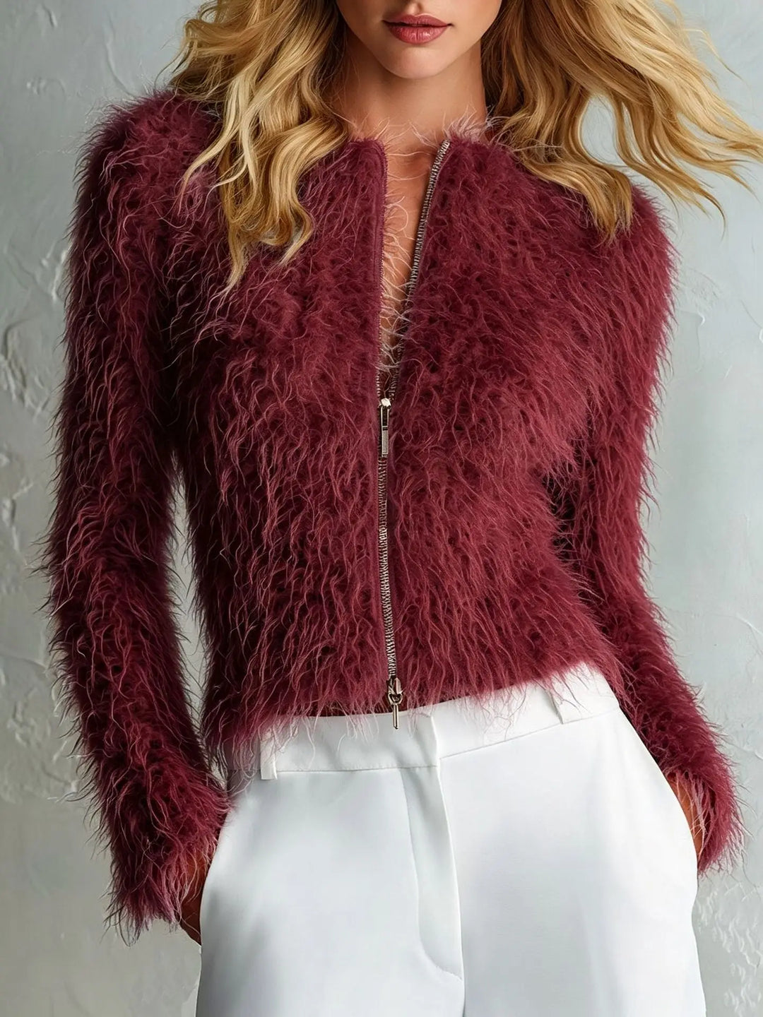Cropped fur-effect knit cardigan in wine red with zip front