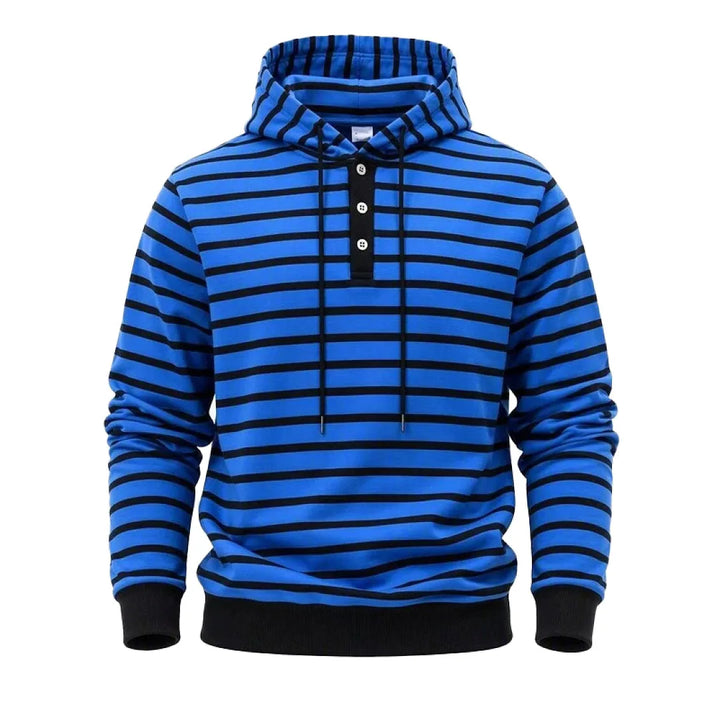 Men's sapphire blue striped pullover hoodie, front view