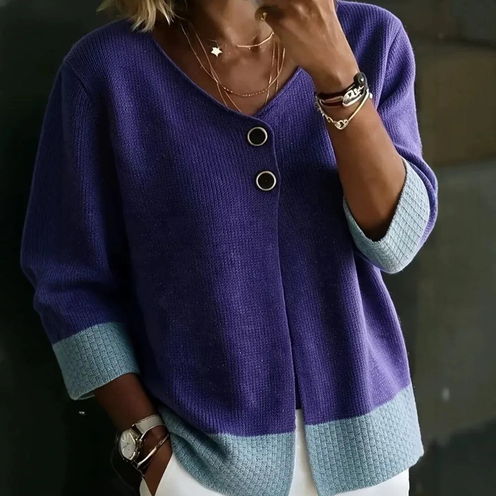 Purple colorblock cardigan with contrast ribbed cuffs and hem, button front detail