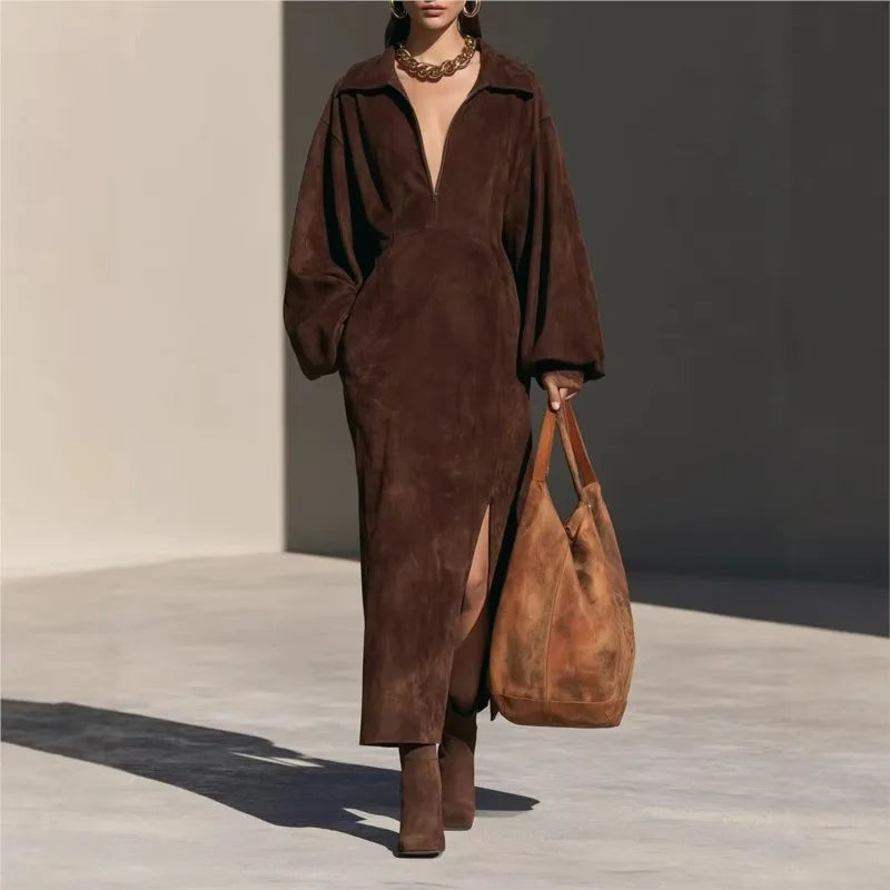Brown suede-look sheath dress with lantern sleeves and side slit, front view