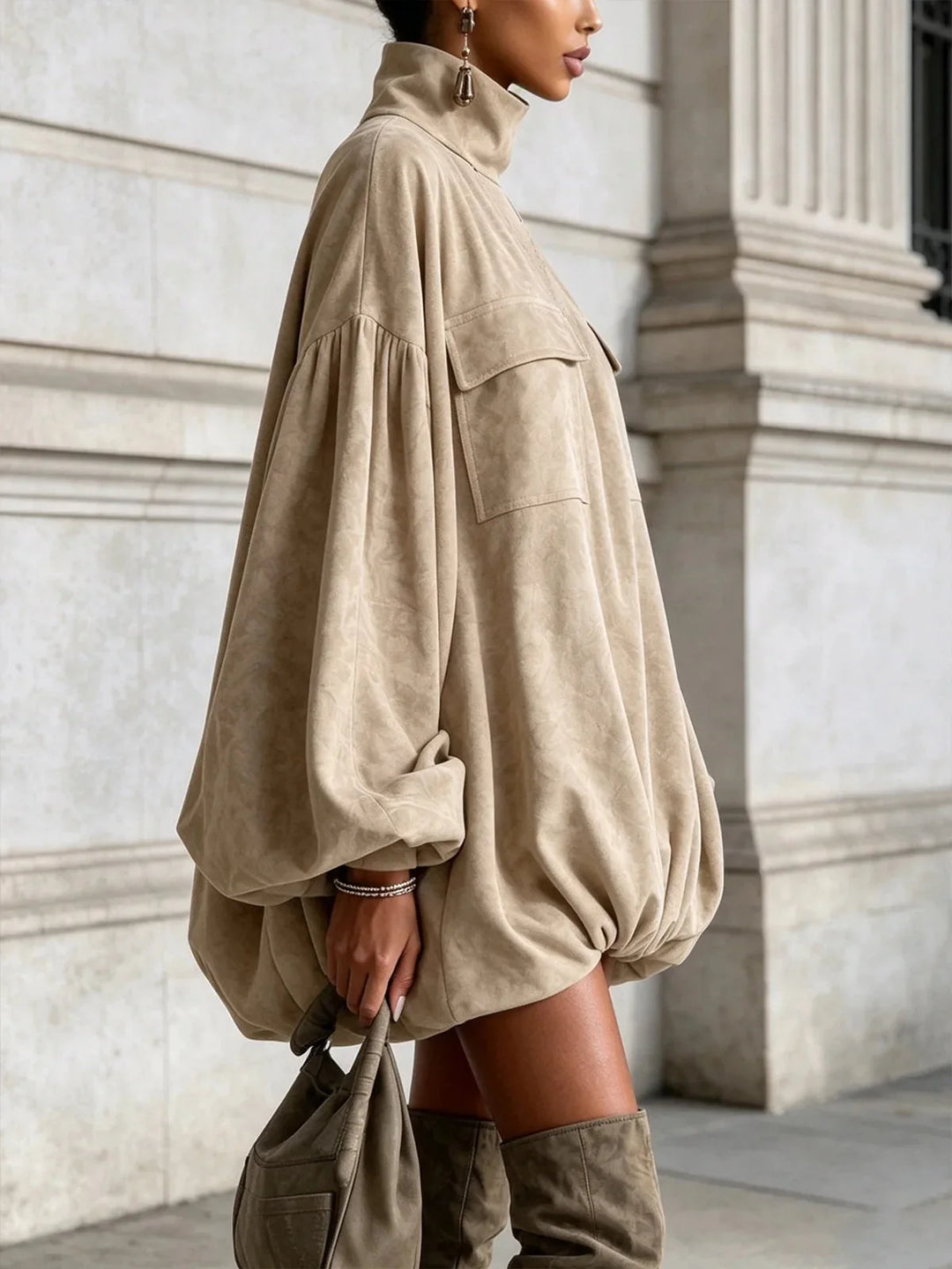 Side view of khaki lantern sleeve bubble hem mini dress