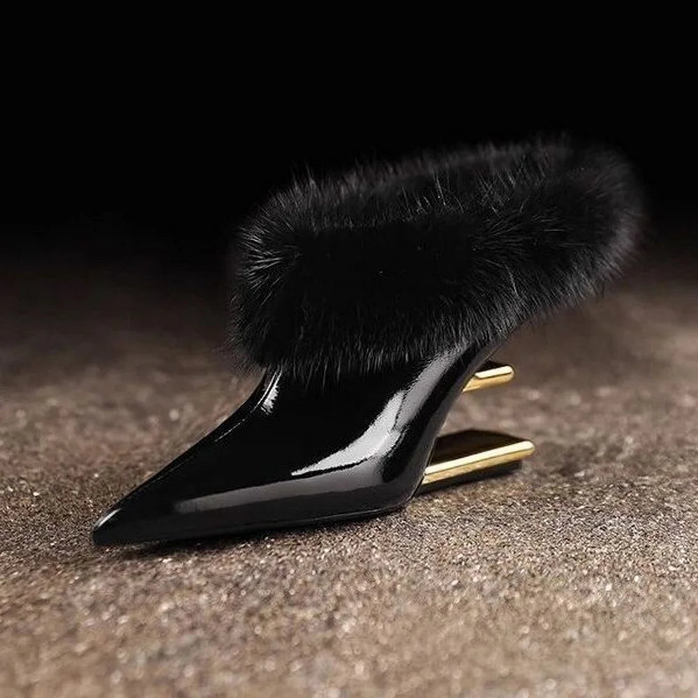 Black patent mule with faux fur collar, side angle