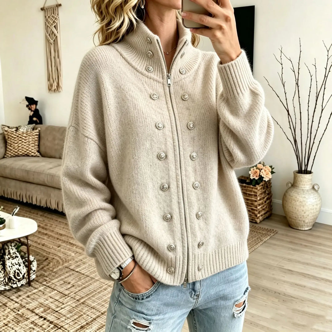 Woman wearing apricot stand collar zip cardigan with button details
