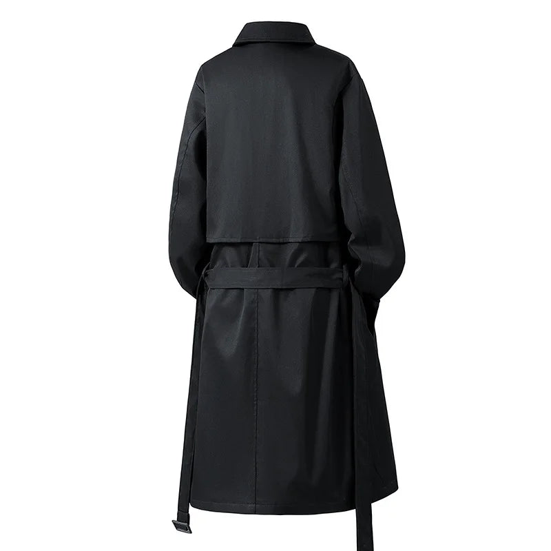 Black trench coat back view with tie belt