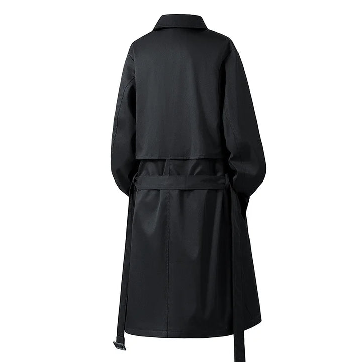 Black trench coat back view with tie belt