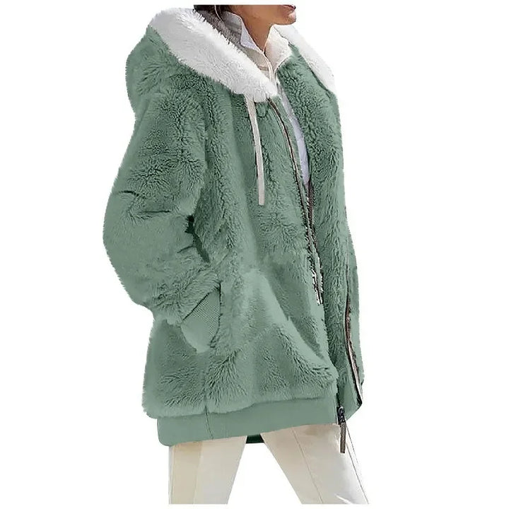 Sage green plush fleece hooded jacket with white contrast collar, side view